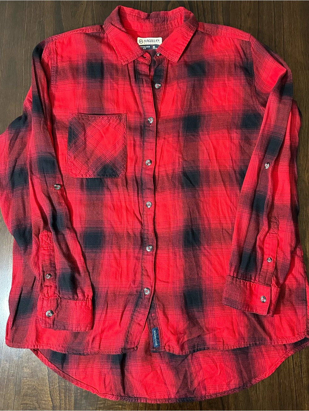 Magellan Outdoors Women's Red Plaid Boyfriend Fit Flannel Shirt XL